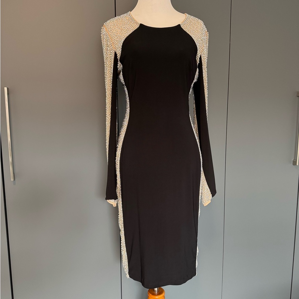 AQUA Cocktail Party Evening Navy Blue Mesh Beaded Illusion Shift Dress Size 6